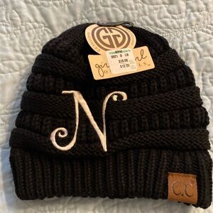 C.C Black Knit Beanie with White Monogram